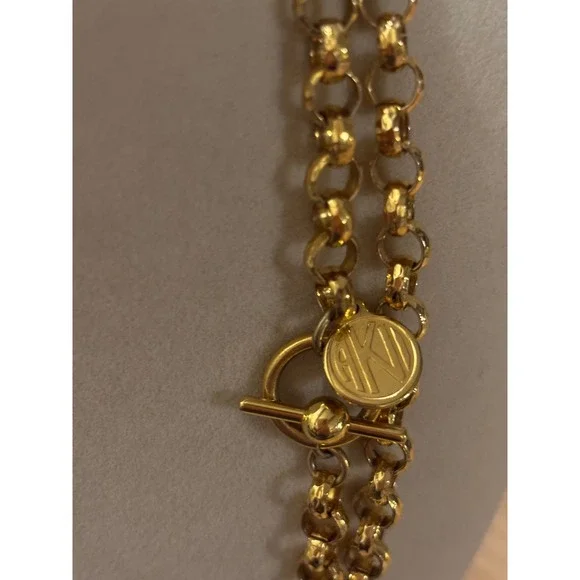 Anne Klein Gold Tone long Strand Rolo Chain Navy Blue Orb Pendant Necklace VTG - Picture 5 of 9